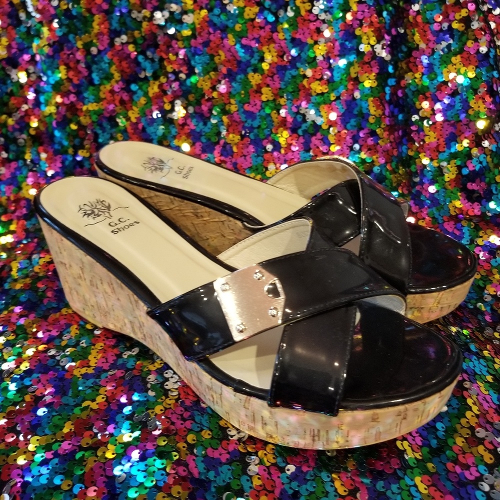 Black wedge sandals